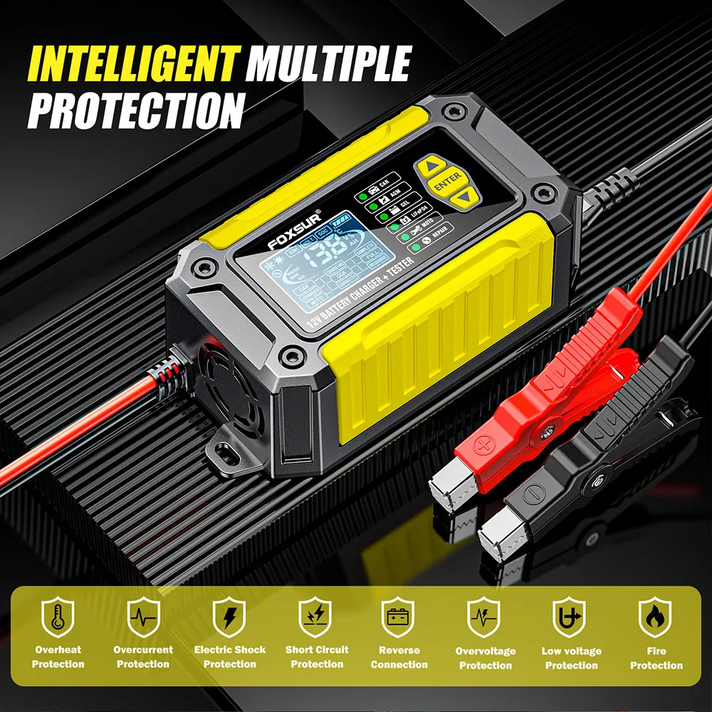 12V Cargador y probador todo en uno para baterías de plomo-ácido y fosfato de hierro de litio, analizador de condición de batería para coches y motocicletas