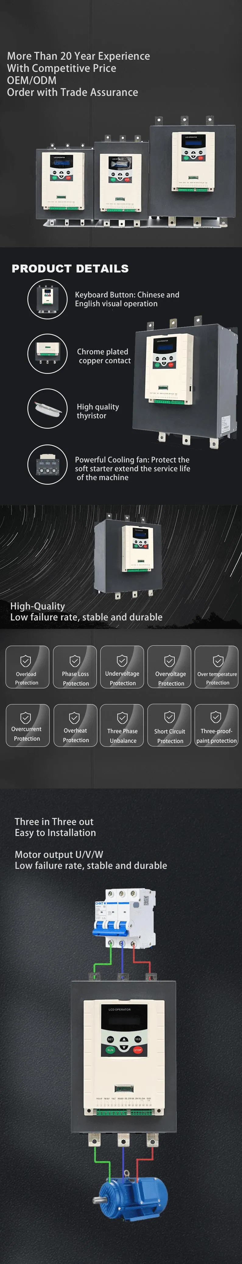 Inteligente Multifuncional 3 Fase 380V CA 15-630kw Arrancador Suave