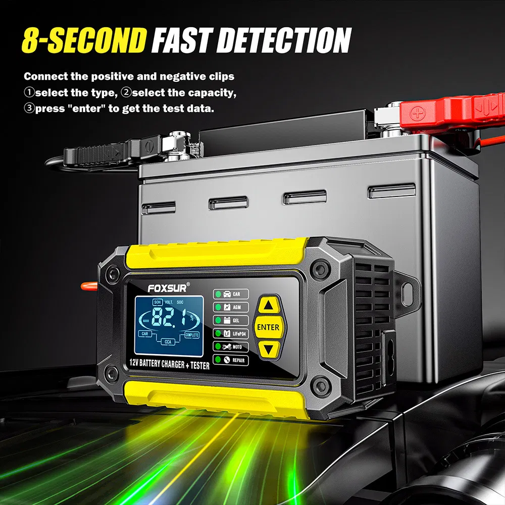12V Cargador y probador todo en uno para baterías de plomo-ácido y fosfato de hierro de litio, analizador de condición de batería para coches y motocicletas