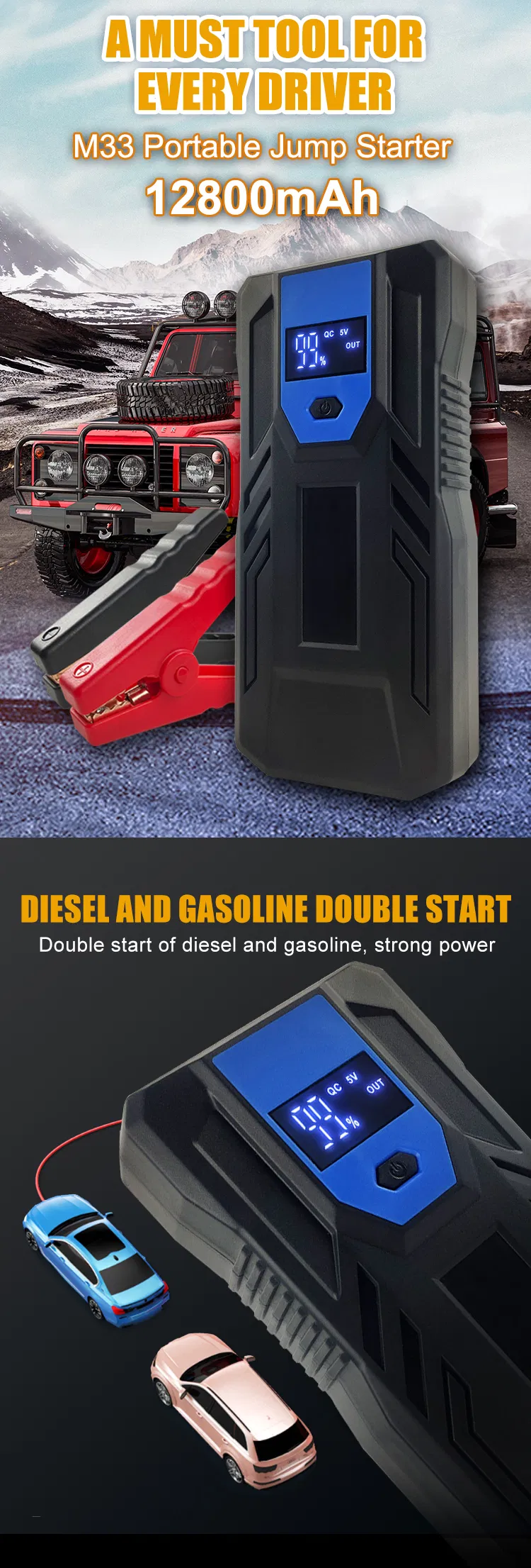 12000mAh Arrancador de coche de emergencia 6V 9V 12V 24V Batería portátil de voltaje