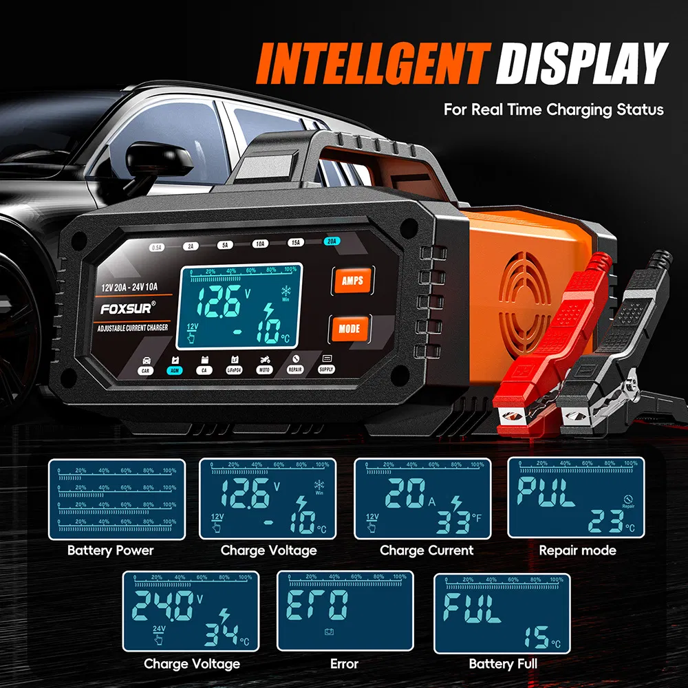 0.5A-20A Portable ATV, Motorcycle, and Car Battery Charger Cross-Platform 12V/24V Charger