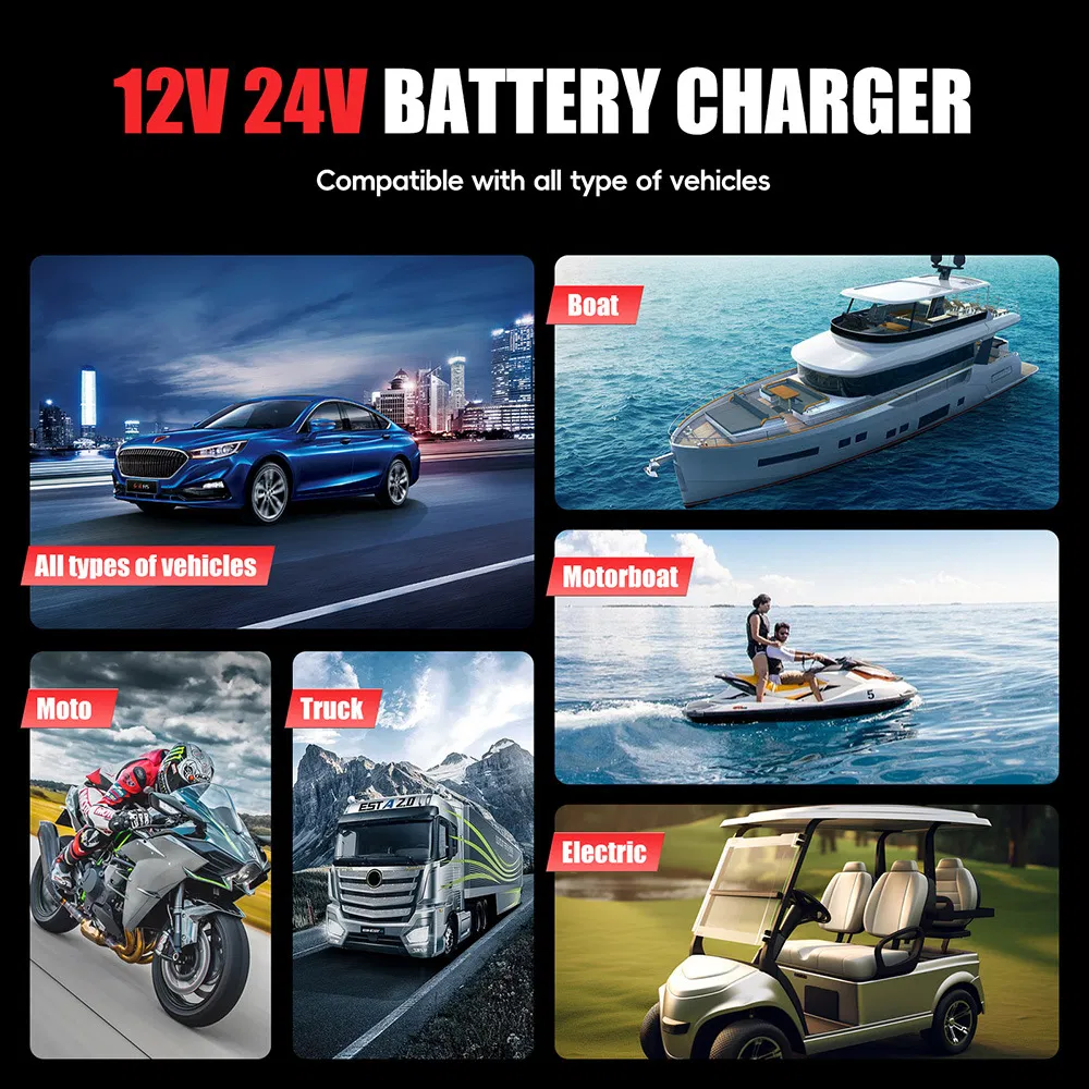12V 10A / 24V 5A Cargador Rápido de Batería para Motocicletas y Coches con Modo de Múltiples Baterías