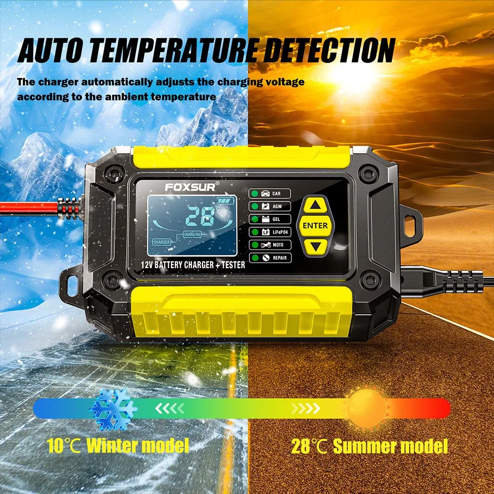12V Cargador y probador todo en uno para baterías de plomo-ácido y fosfato de hierro de litio, analizador de condición de batería para coches y motocicletas