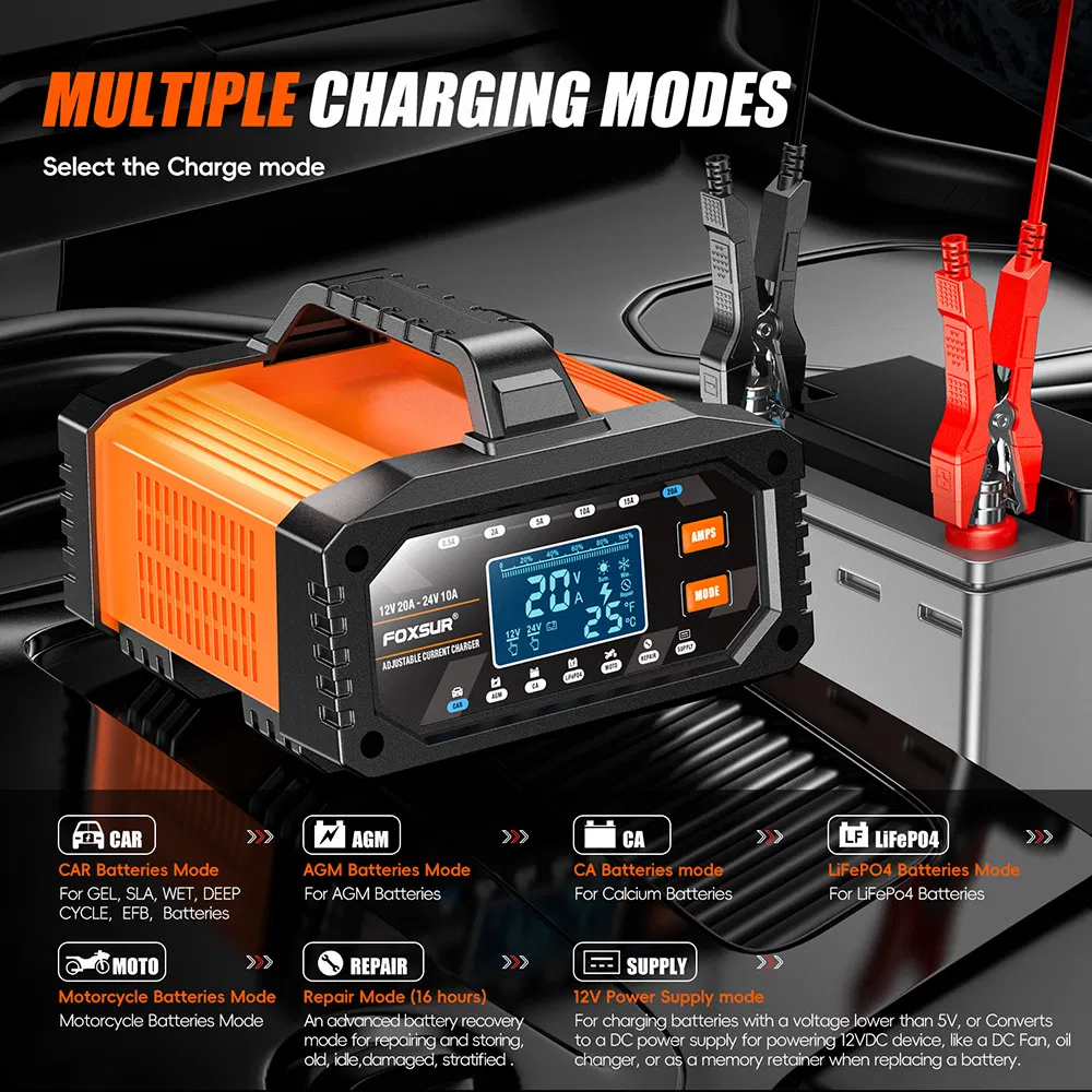 0.5A-20A Portable ATV, Motorcycle, and Car Battery Charger Cross-Platform 12V/24V Charger