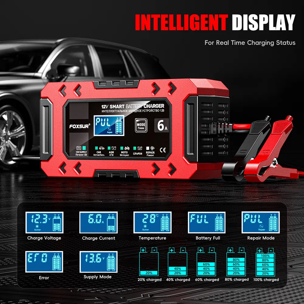 12V 6A Cargador de Batería Inteligente: Batería AGM Start Stop con Apagado Automático al Cargar Completo; 10-Stage Cargador de Batería de Plomo Ácido