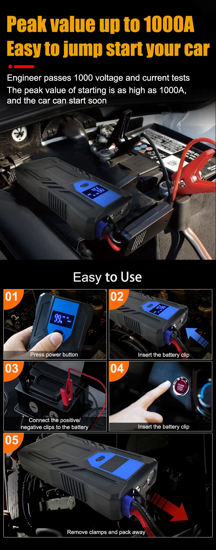 12000mAh Arrancador de coche de emergencia 6V 9V 12V 24V Batería portátil de voltaje
