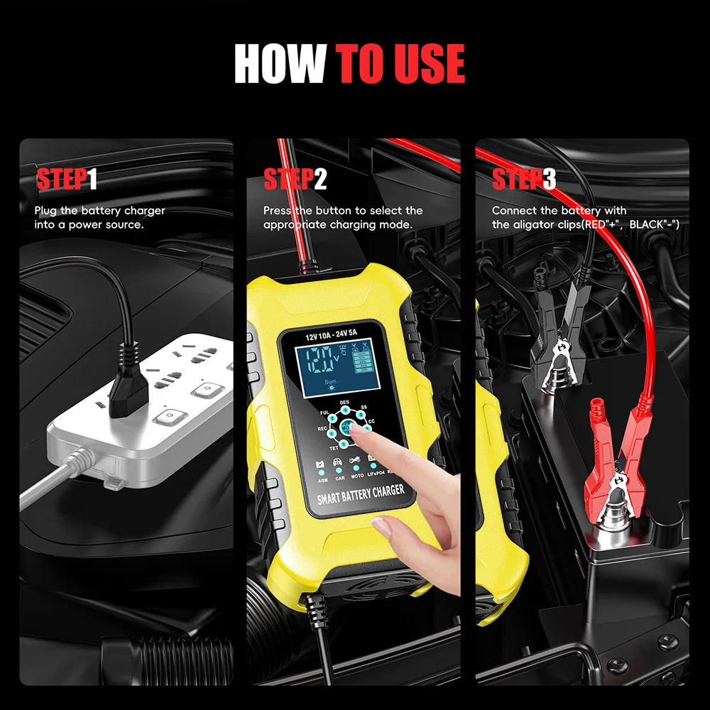 12V 10A / 24V 5A Cargador Rápido de Batería para Motocicletas y Coches con Modo de Múltiples Baterías