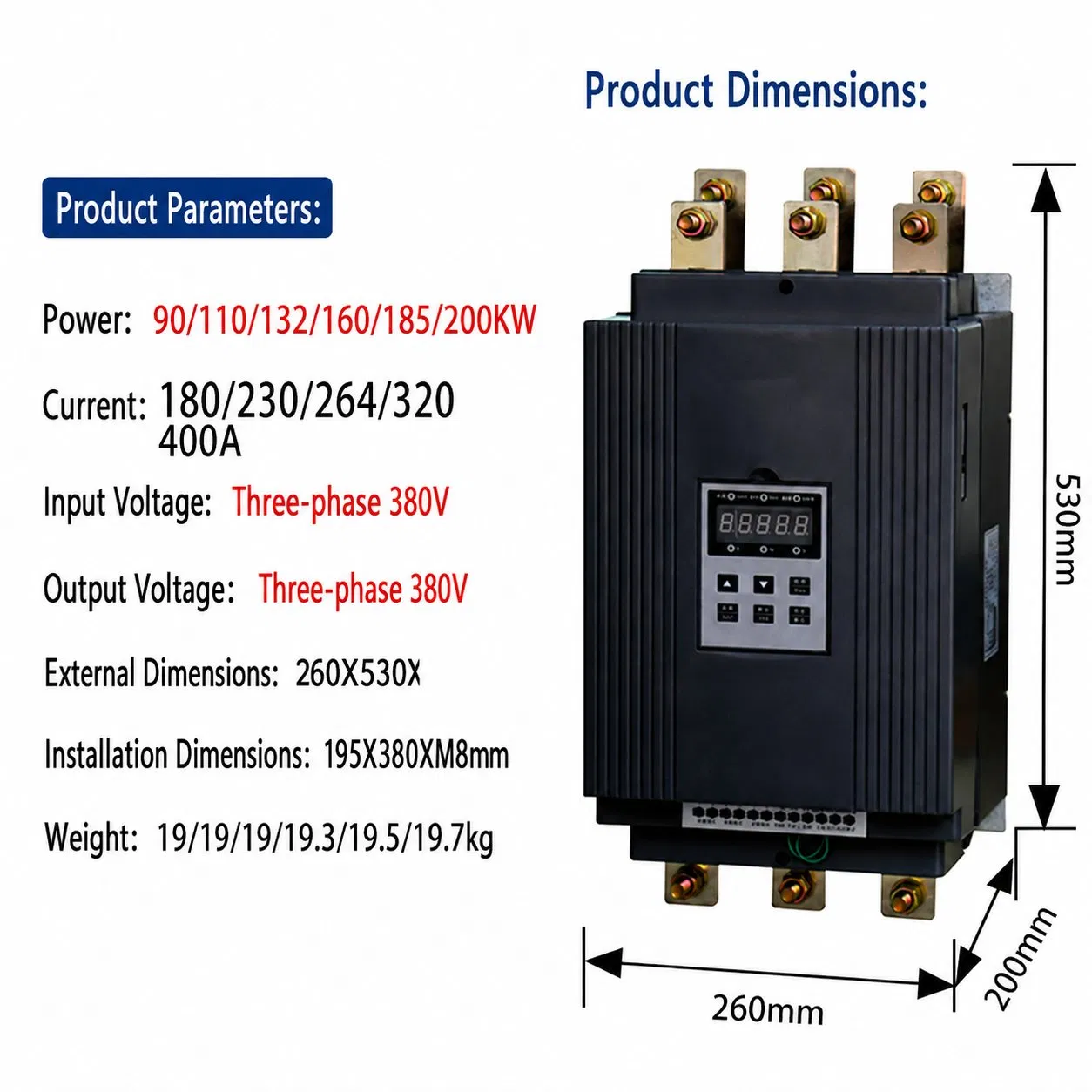 90-200kw 120-270HP Arrancador Suave con Pantalla Digital para la Industria