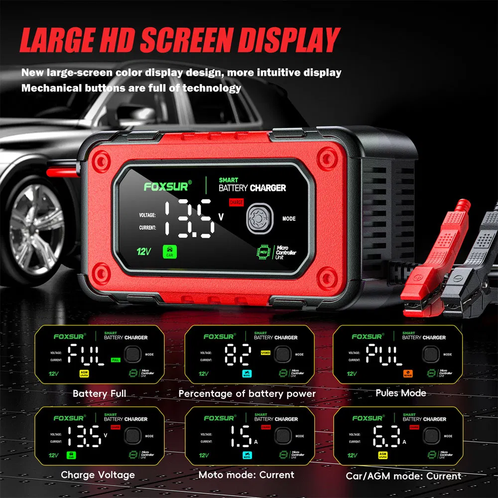 12V Cargador con Pantalla Grande a Color: 7A Batería de Plomo Ácido + Cargador de Batería LFP para Barcos y Coches