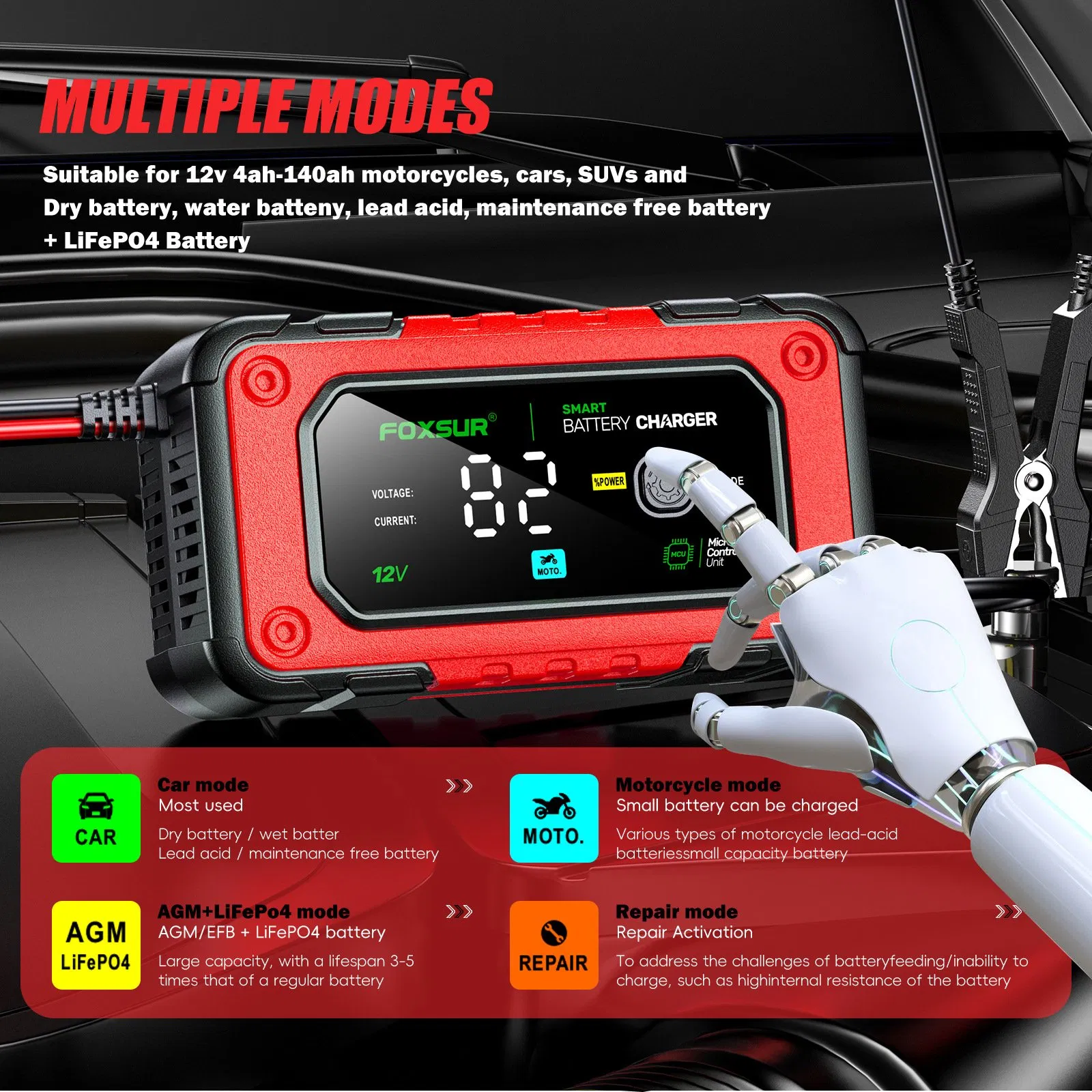 12V Cargador con Pantalla Grande a Color: 7A Batería de Plomo Ácido + Cargador de Batería LFP para Barcos y Coches