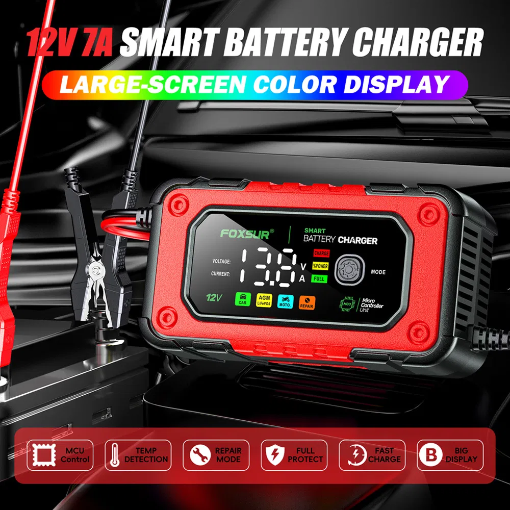 12V Cargador con Pantalla Grande a Color: 7A Batería de Plomo Ácido + Cargador de Batería LFP para Barcos y Coches