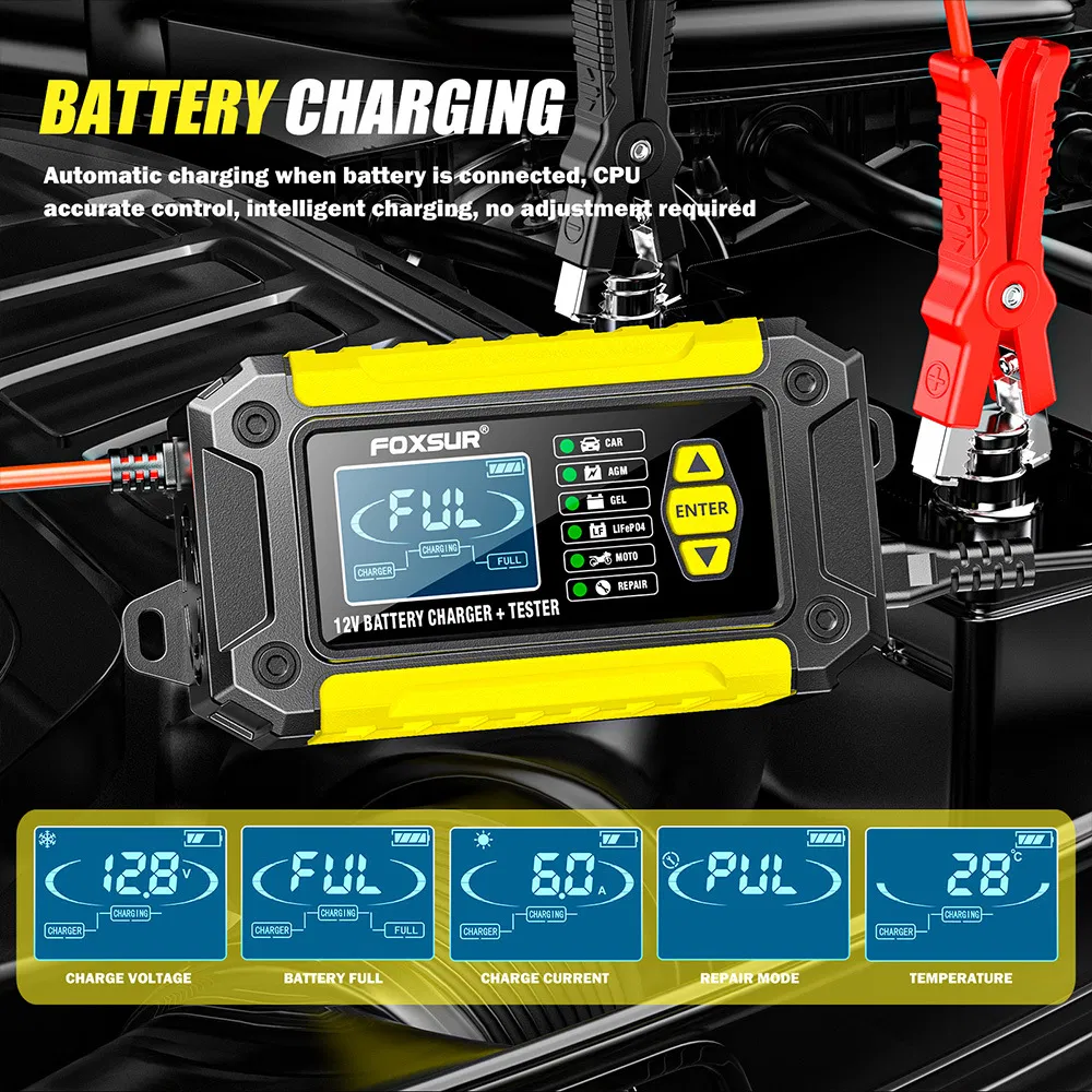 12V Cargador y probador todo en uno para baterías de plomo-ácido y fosfato de hierro de litio, analizador de condición de batería para coches y motocicletas