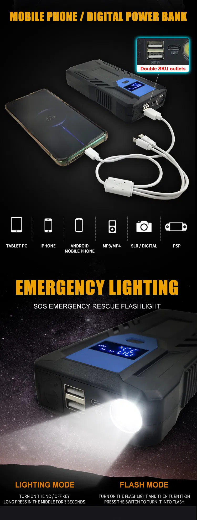 12000mAh Arrancador de coche de emergencia 6V 9V 12V 24V Batería portátil de voltaje