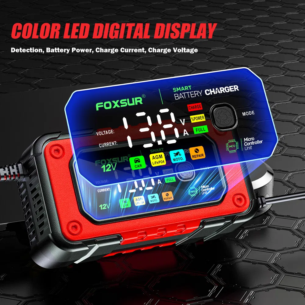 12V Cargador con Pantalla Grande a Color: 7A Batería de Plomo Ácido + Cargador de Batería LFP para Barcos y Coches
