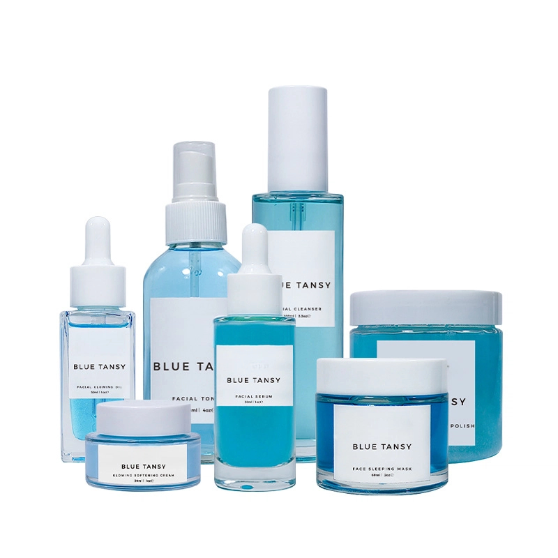 Private Label Hydrating Pore Clarify Anti Acne Facial Cleanser Face Mask Gel Blue Tansy Essential Oil Cream Skin Care Set