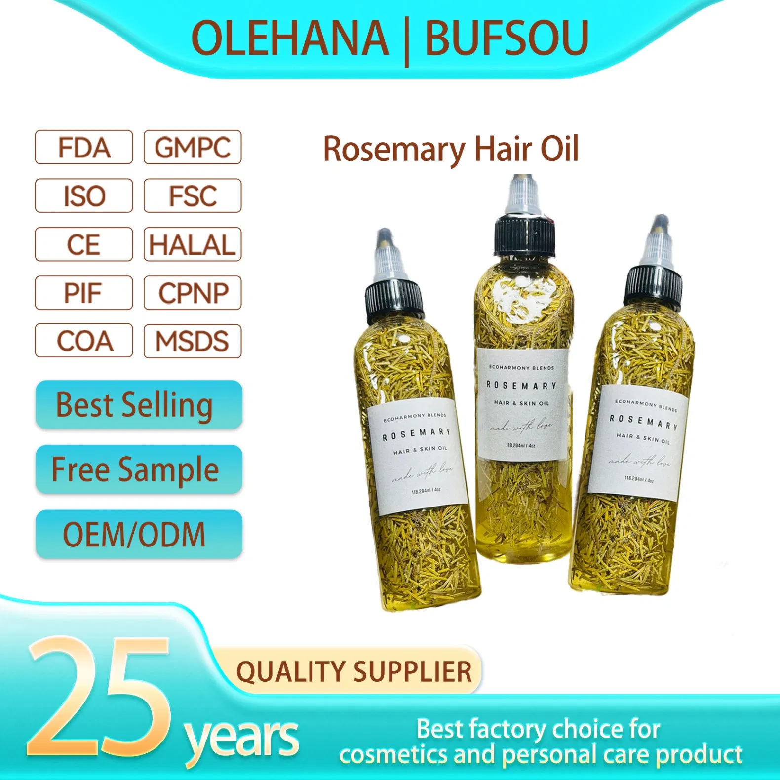 Private Label Homemade Herbal Vegan Olive Jojoba Castor Rosemary Avocado and Peppermint Hair Growth Oil for Men