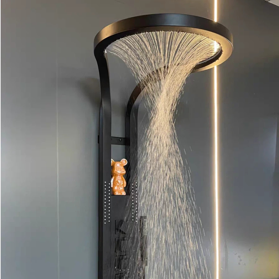 Bathroom Luxury Shower Screen Shower Set Full Copper Pressurized Ring Large Waterfall Black Shower Wall Hanging System Accessories