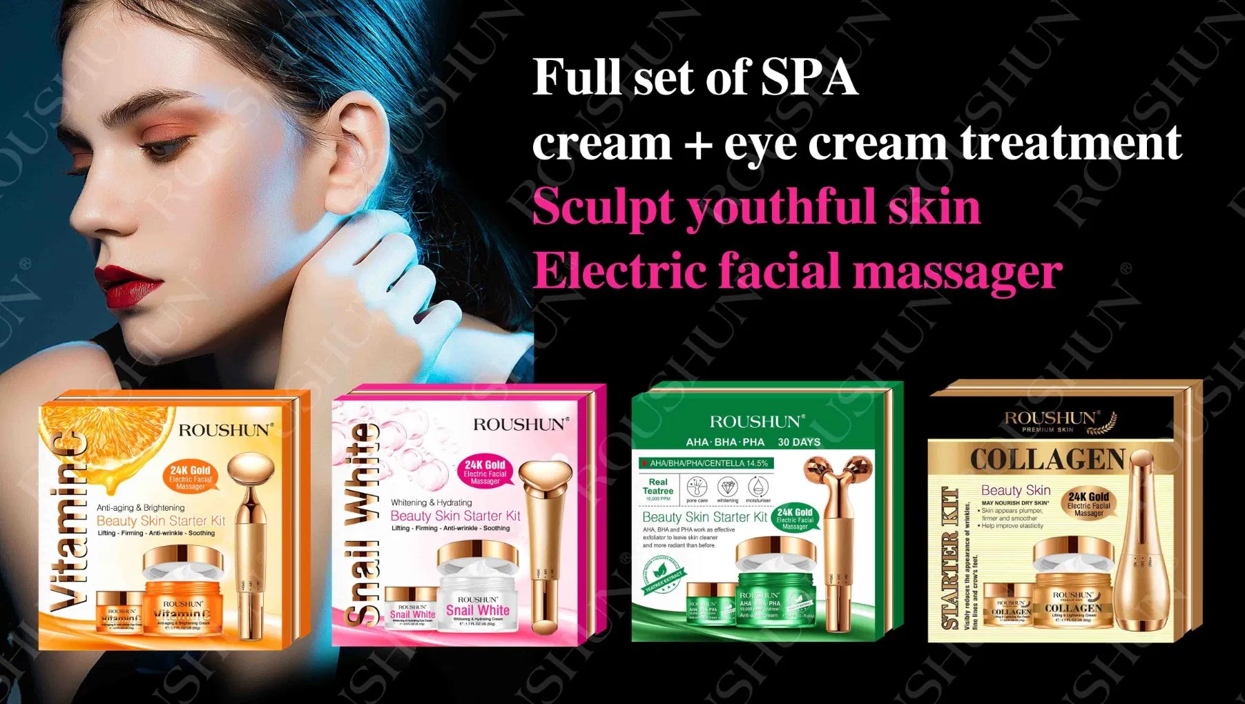 Roushun Private Label Acceptable Anti-Aging and Brightening Beauty Skin Care Kit Facial Care Set with Massager