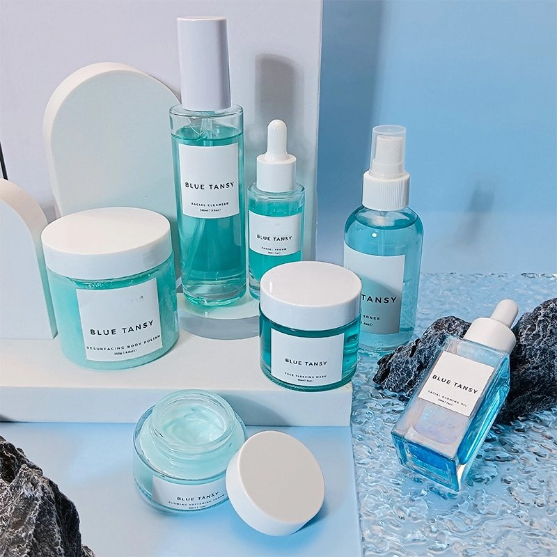 Private Label Hydrating Pore Clarify Anti Acne Facial Cleanser Face Mask Gel Blue Tansy Essential Oil Cream Skin Care Set