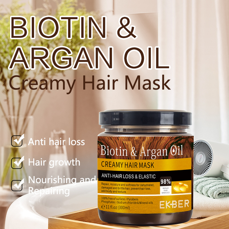 New Arrival Ekber Long Straight Biotin Argan Oil Keratin Repair Hair Care Mask Dry Hair Shiny Silky Treatment Daily