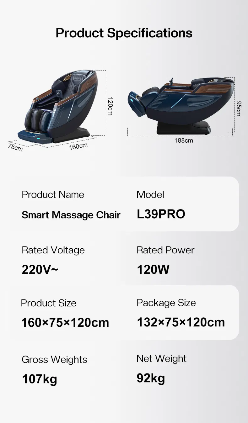 L39PRO Silla de masaje dimensiones y especificaciones de espacio