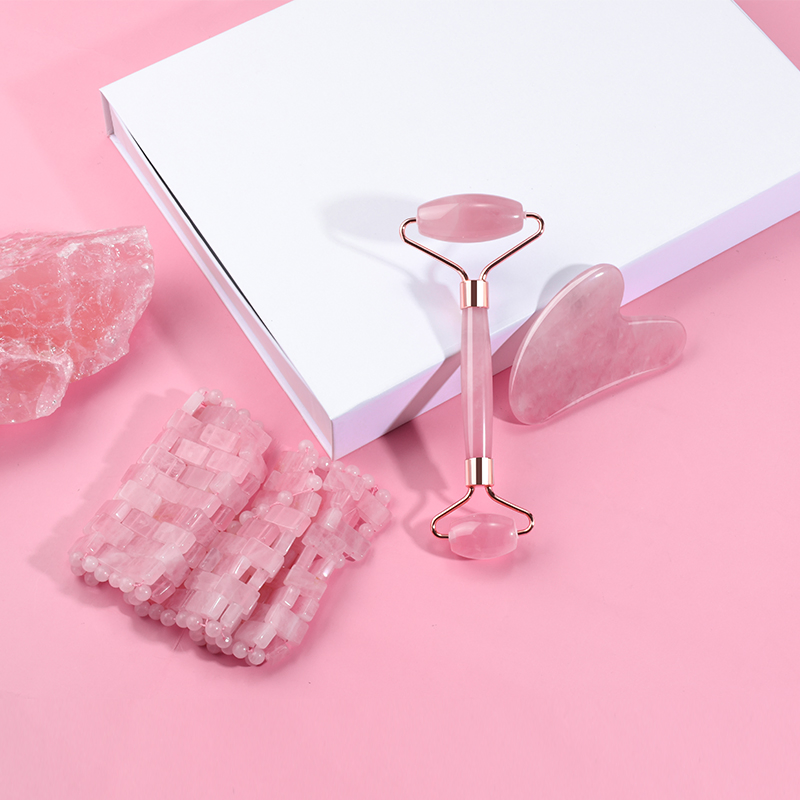 Nuevo rodillo de jade de cuarzo rosa natural para masaje corporal, herramienta de raspado Gua Sha, herramientas de masaje facial