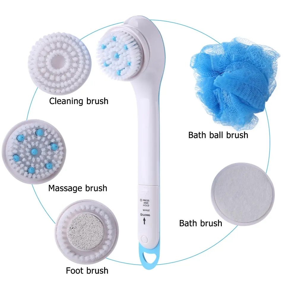 Cepillo de masaje portátil para el cuerpo y los pies con mango largo 5 en 1 cepillo eléctrico para baño y ducha