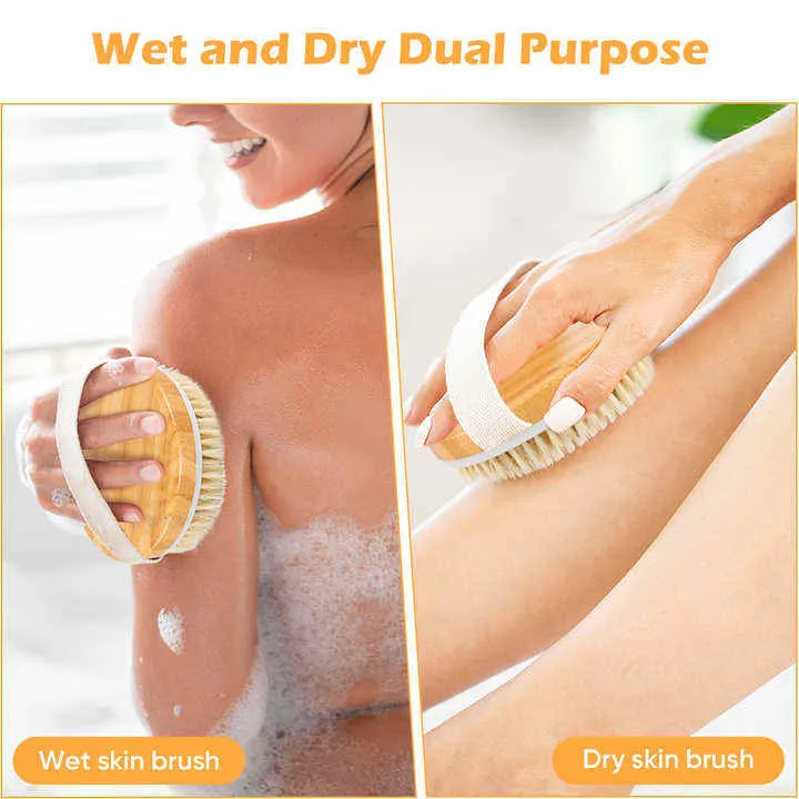 Tratamiento de celulitis con drenaje linfático, cepillo de masaje corporal de cepillado en seco natural