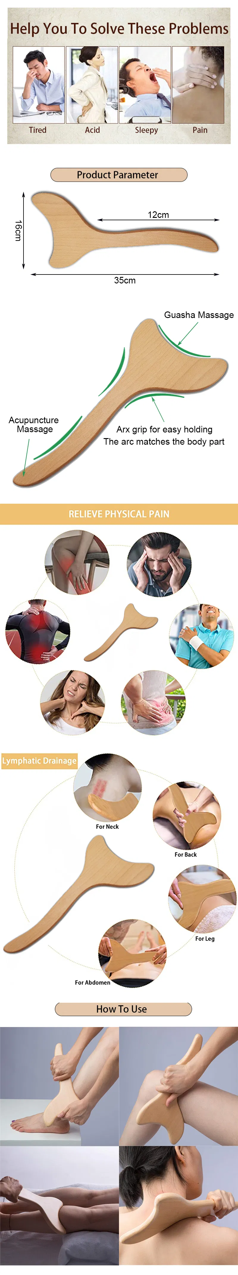 Herramientas de Gua Sha de Madera, Herramienta de Drenaje Linfático, Herramientas de Masaje de Terapia con Madera