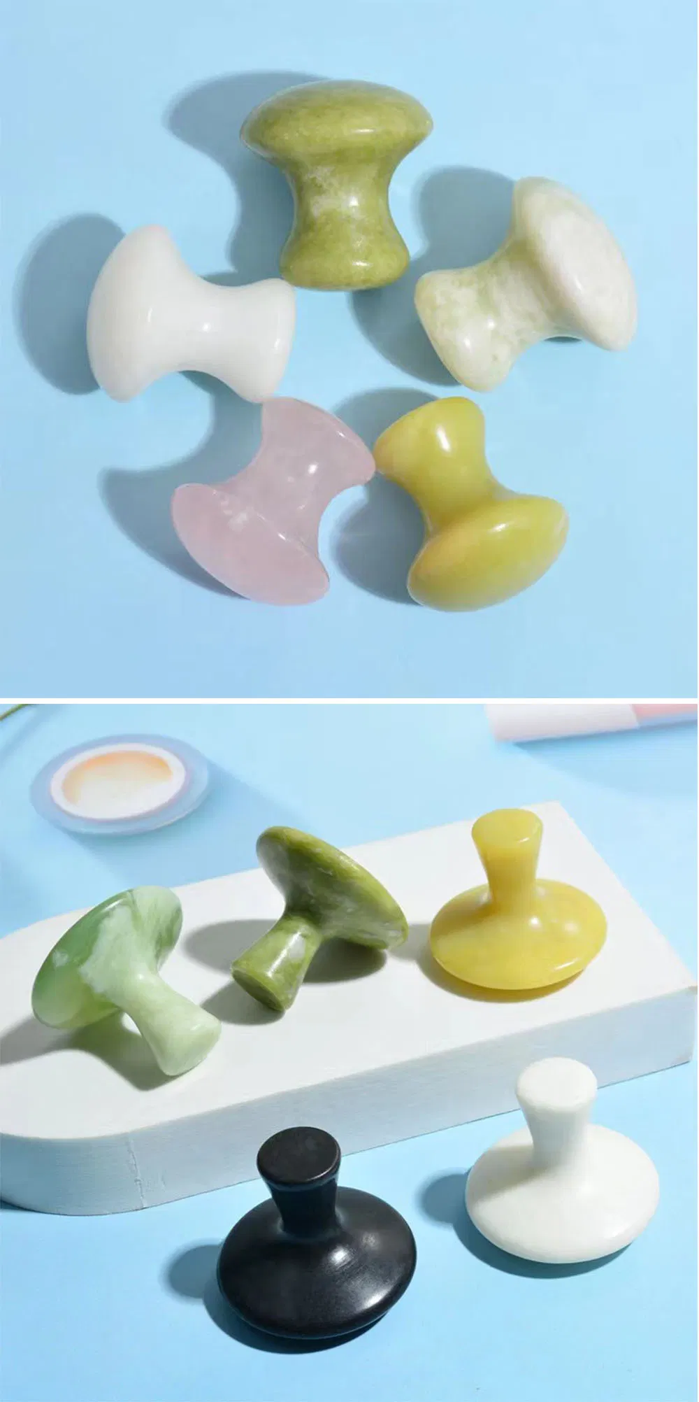 Masajeador de cara de piedra de jade natural, set de guasha de ojo verde en forma de hongo, alivia la tensión, herramienta de masaje guasha de piedra bian personalizada