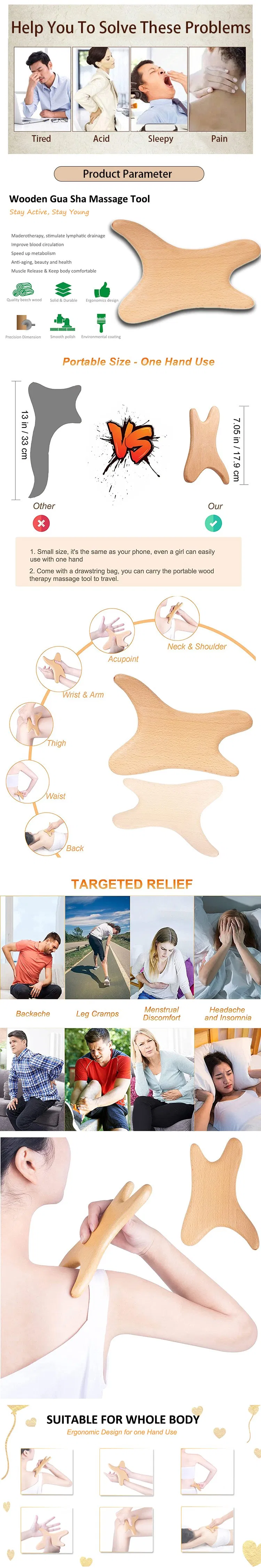 Herramientas de Masaje de Madera Natural para Terapia, Tabla Guasha para Drenaje Linfático