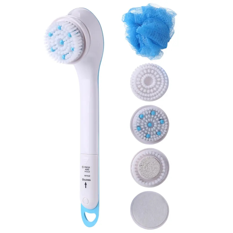 Cepillo de masaje portátil para el cuerpo y los pies con mango largo 5 en 1 cepillo eléctrico para baño y ducha