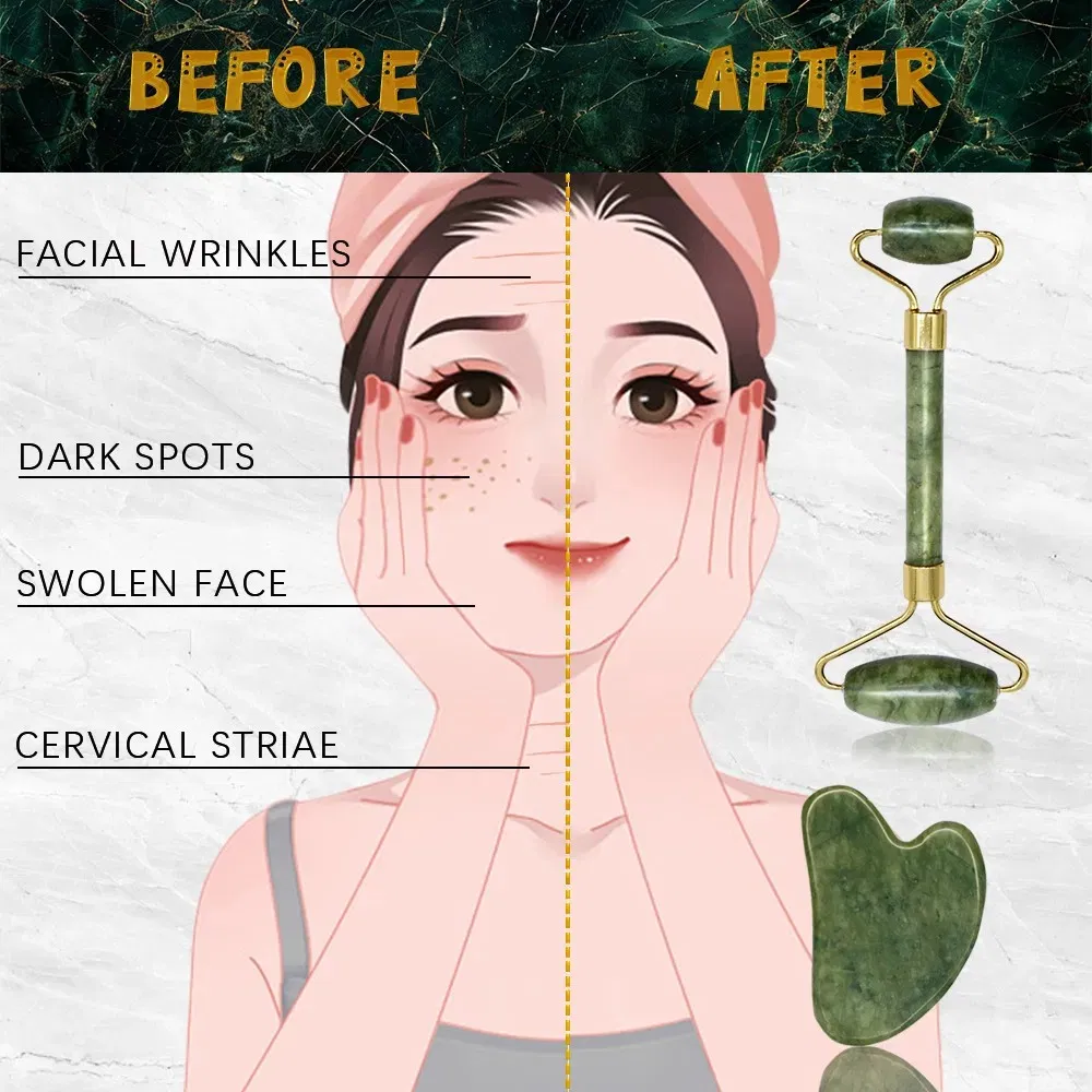 Jiwan Lejia Mayorista Amazon Venta Caliente Mini Facial Portátil Rodillo de Jade Masajeador Herramienta de Gua Sha Cuidado de la Piel Conjunto de Masaje para el Cuerpo