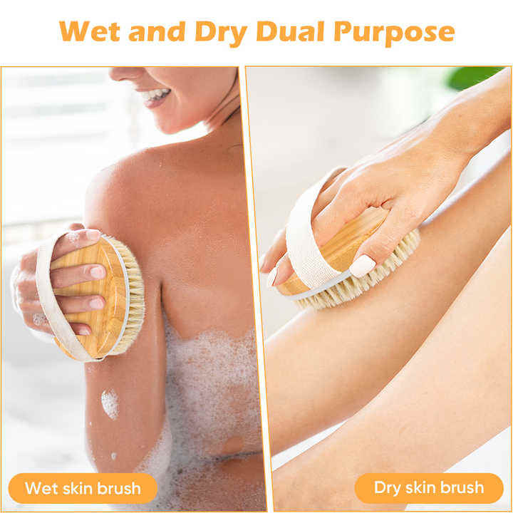 Tratamiento de celulitis con drenaje linfático, cepillo de masaje corporal de cepillado en seco natural