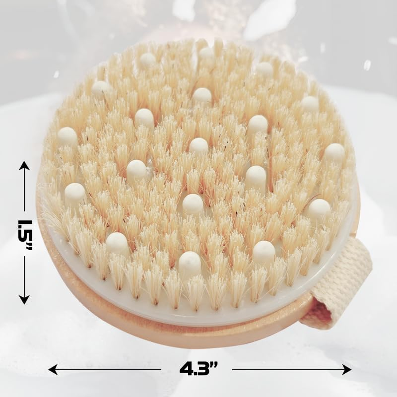 Cepillo de Cuerpo de Cerda Natural Beautichen con Nodos de Masaje – Cepillo de Baño de Madera de Mano para Exfoliación, Drenaje Linfático, Reducción de Celulitis