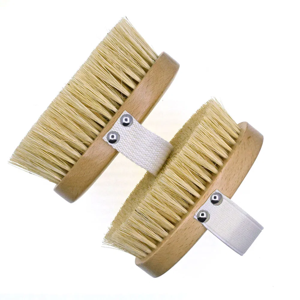 Cepillo de baño de madera con cerdas para exfoliación húmeda y seca, masajeador de mano para el cuerpo
