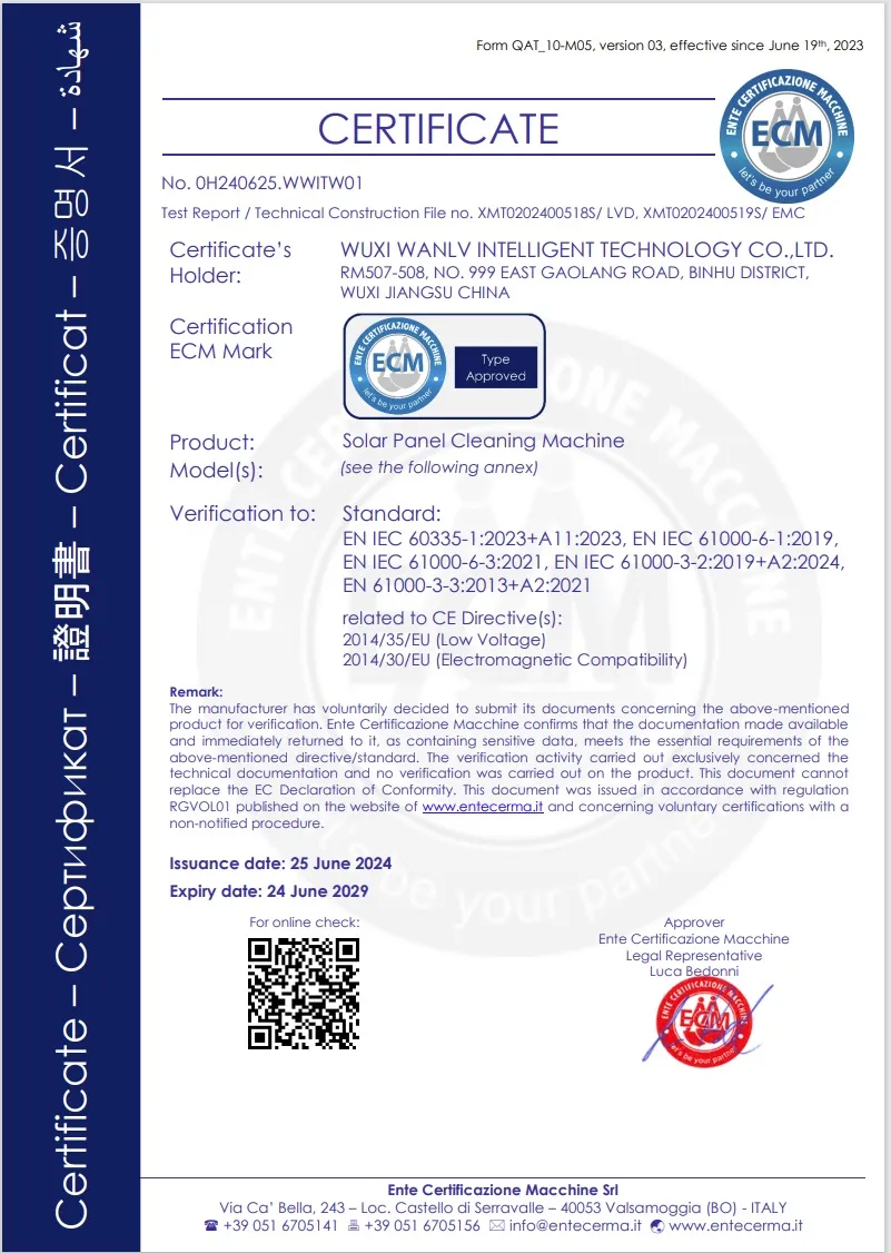 Certificado de herramientas de limpieza de paneles solares