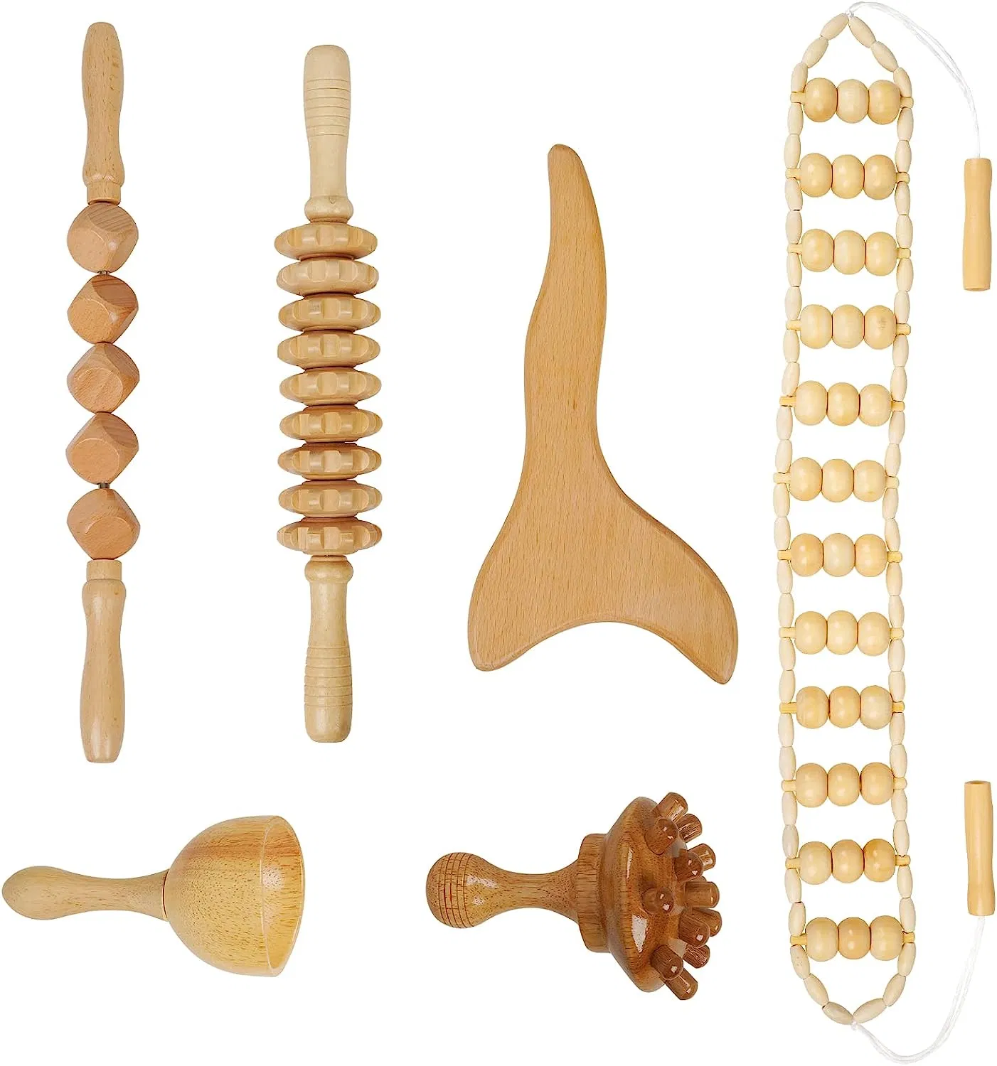 Juego de herramientas de masaje de terapia de madera de fascia colombiana con herramienta de drenaje linfático de madera