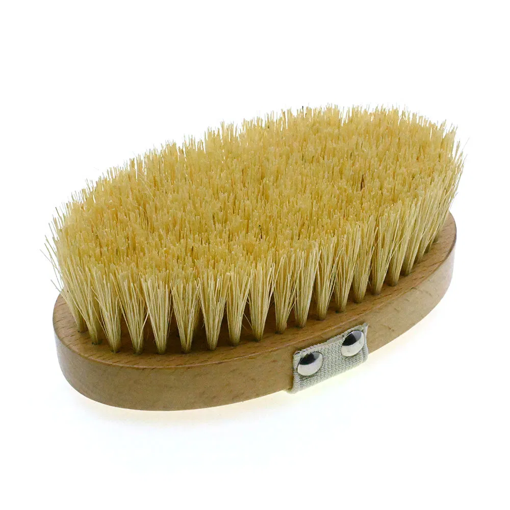Cepillo de baño de madera con cerdas para exfoliación húmeda y seca, masajeador de mano para el cuerpo