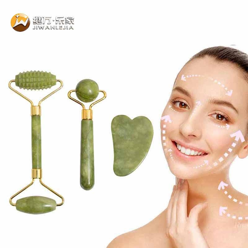Jiwan Lejia Mayorista Amazon Venta Caliente Mini Facial Portátil Rodillo de Jade Masajeador Herramienta de Gua Sha Cuidado de la Piel Conjunto de Masaje para el Cuerpo