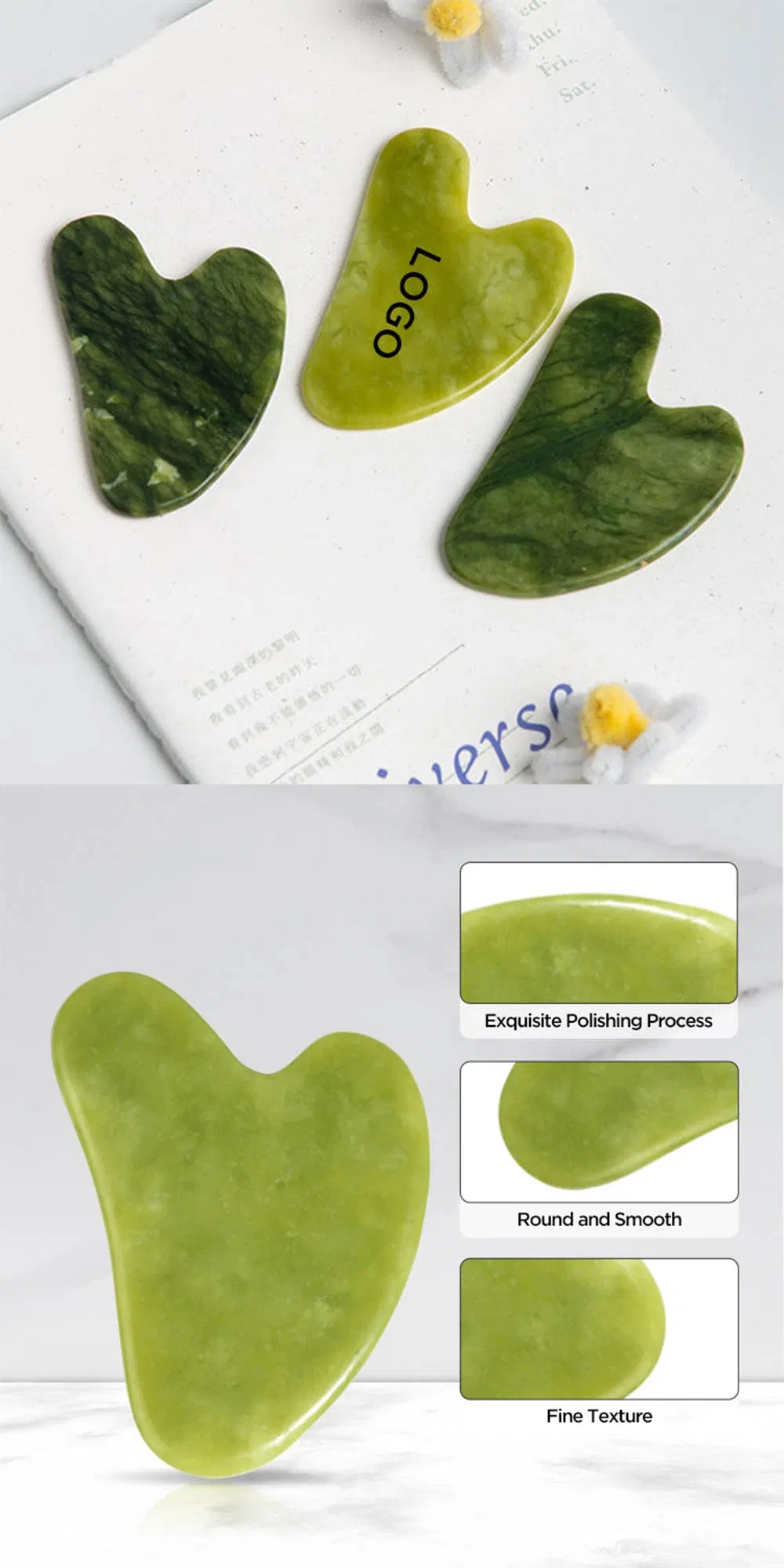 Herramienta de masaje de jade natural, herramienta de gua sha facial para el cuidado de la piel y la belleza