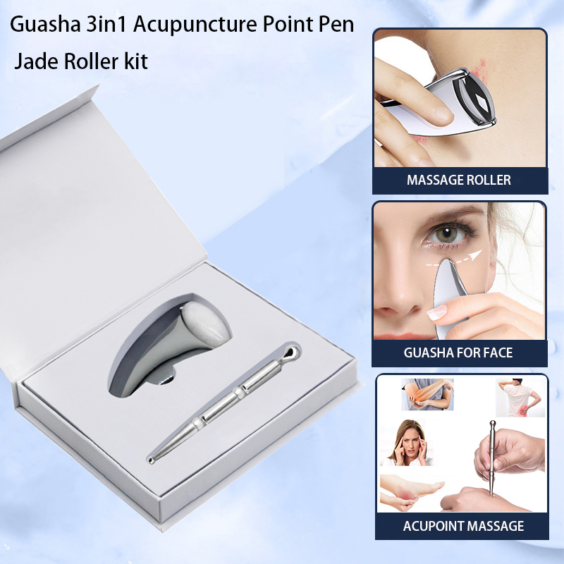Sonda de Detección de Masaje SPA de Acero Inoxidable, Bolígrafo de Puntos de Acupuntura, Masajeador Facial Antienvejecimiento 3in1 Kit de Rodillo de Jade Gua Sha