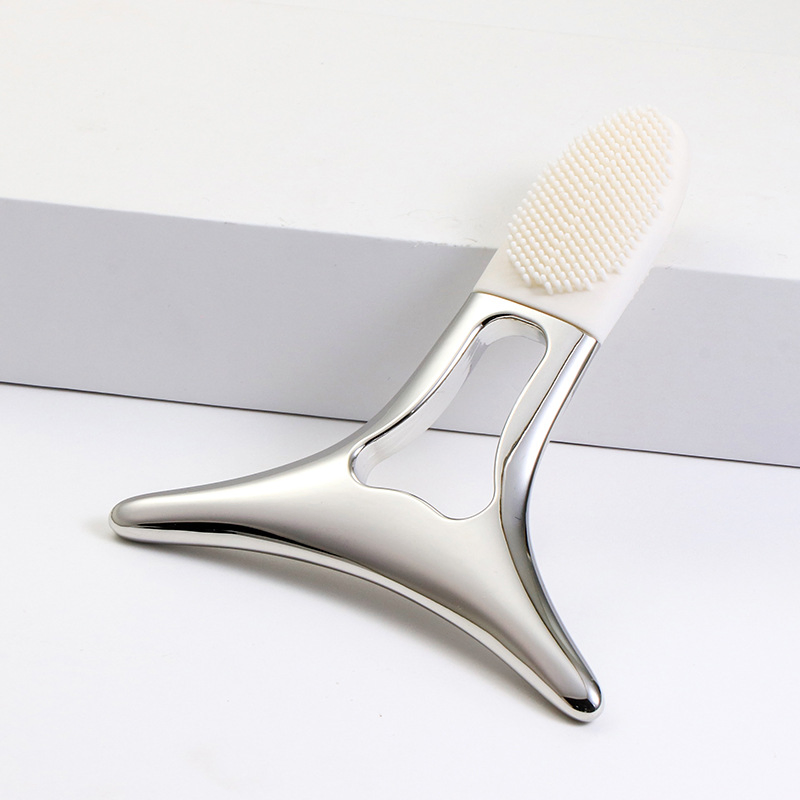 Herramienta de Gua Sha de Metal 4-in-1 de Alta Venta con Mango de Silicona: Tabla de Masaje Facial y Tabla de Gua Sha para Piernas, Hombros