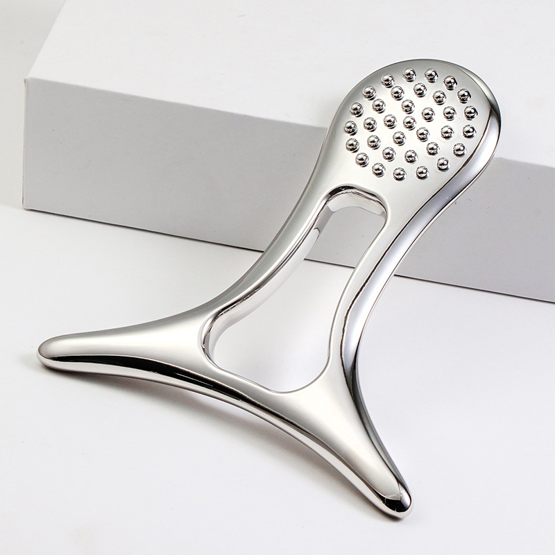 Herramienta de Gua Sha de Metal 4-in-1 de Alta Venta con Mango de Silicona: Tabla de Masaje Facial y Tabla de Gua Sha para Piernas, Hombros