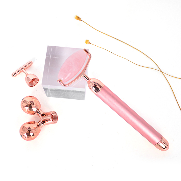 2 en 1 Rodillo facial de cristal de jade rosa natural vibrante eléctrico para levantar la cara, herramienta de masaje de belleza