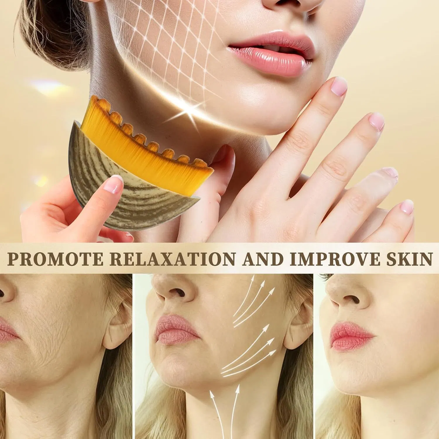 Cepillo de Gua Sha de Doble Efecto con Mango para Masaje de Ojos y Cuello, Levanta Contornos