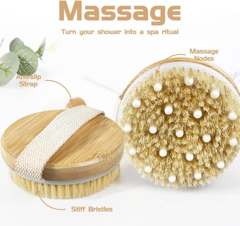 Cepillo de Cuerpo de Cerda Natural Beautichen con Nodos de Masaje – Cepillo de Baño de Madera de Mano para Exfoliación, Drenaje Linfático, Reducción de Celulitis