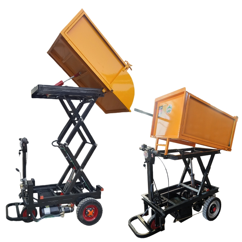 Warehouse Material Handling Hydraulic Scissor Automatic Dump Pallet Lift Tipping Bucket Trolley