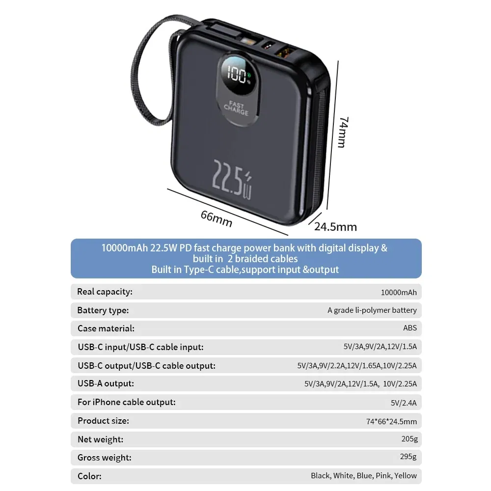 بنك طاقة سريع الشحن بالجملة بسعة عالية مع كابل مدمج 22.5W عرض رقمي محمول 2 بنك طاقة 10000mAh