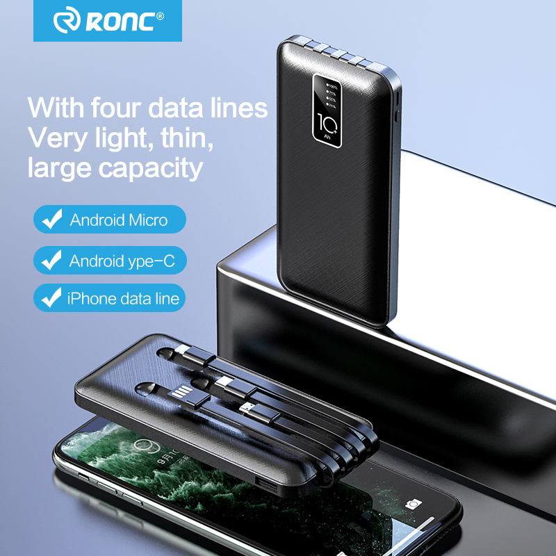 شاحن سريع 10000mAh بنك طاقة بشاحن مدمج ميكرو USB/Type-C/Lighting/ USB 4 في 1 كابل بنك طاقة محمول